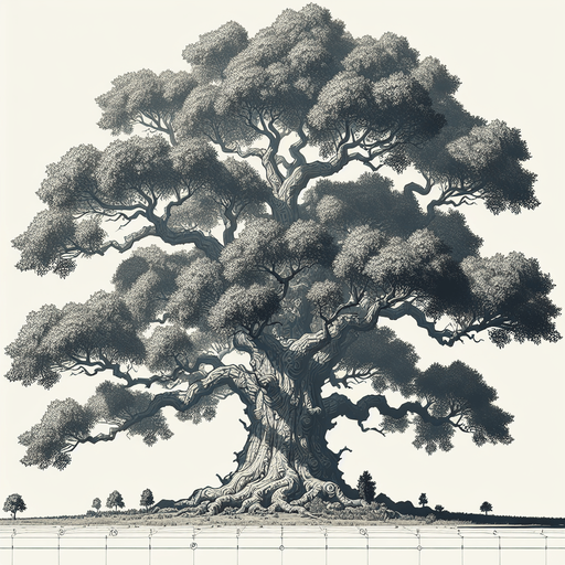 a tall, thick tree with many thick branches. full color..
Single Game Texture.  In-Game asset.  2d.  Blank background.  High contrast.  No shadows