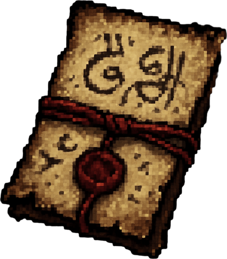 Create a pixel-art item asset of an ancient talisman inspired by Turkish folklore. It should appear as a folded parchment wrapped in an old red thread, with faint Ottoman-style calligraphy or mystical symbols visible. The talisman should have a glowing aura or faint sparkles to imply magical power. Optional details: slightly burned edges, aged paper texture, and traces of dried wax seal. The style should be mysterious, enchanted, and suitable for a 2D horror game. PNG format with transparent background, top-down or item-inventory view..
In-Game asset.  2d.  High contrast.  No shadows