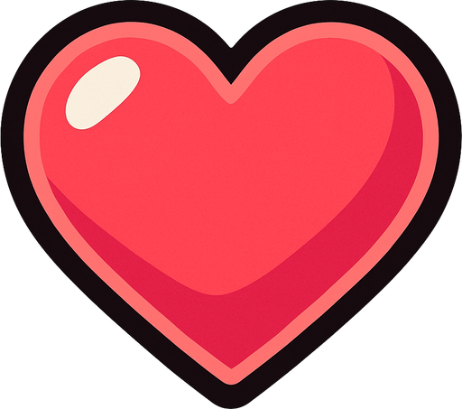 Crea un icono que represente las vidas del jugador. Debe ser un corazón estilizado y vibrante, visto directamente desde arriba, en un estilo 2D renderizado, limpio y cartoonish. El corazón debe tener contornos claros, colores vivos (principalmente rojo o rosa brillante) y un sombreado sutil que le dé volumen. Debe ser fácilmente reconocible y legible incluso a tamaño pequeño..
In-Game asset.  2d.  High contrast.  No shadows