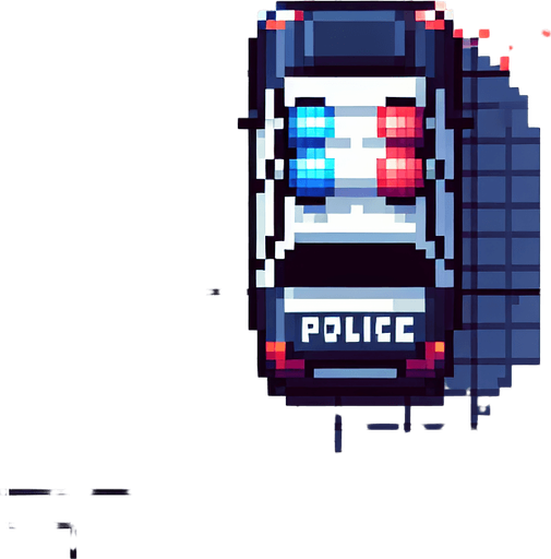 Top-down view of a pixel art police car with flashing red and blue lights, 64x64, arcade retro style".
Single Game Texture.  In-Game asset.  2d.  Blank background.  High contrast.  No shadows