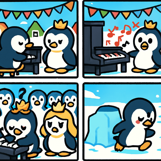4-panel comic strip, no text, cute cartoon style, bright colors, black outlines.
Characters: Penguin Hero (small, determined) + Penguin Princess (elegant, crown) + Village Penguins
Central Theme: Music connects hearts, piano mastery wins love. Story: Hero's biggest challenge - public performance disaster

Panel 1: Hero attempts to play for Princess at village gathering
Panel 2: Makes terrible mistakes, wrong red notes everywhere, crowd looks shocked
Panel 3: Princess looks disappointed, Hero devastated and embarrassed
Panel 4: Hero runs away, hiding behind ice block, feeling defeated
In-Game asset.  2d.  High contrast.  No shadows