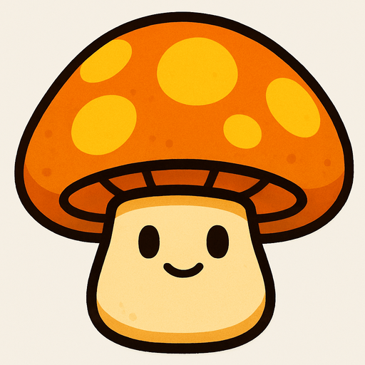 Sombrero Anaranjado/Amarillo: Tiene un sombrero grande y redondo de color anaranjado o amarillo brillante, con manchas de un tono más oscuro o marrón-anaranjado. Los puntos grandes y luminosos en su sombrero le dan un aspecto amigable y sugieren su función solar.

Tallo Beige/Crema: Su tallo es corto y regordete, de un color beige o crema claro.

Cara Amigable: Posee dos ojos pequeños y redondos, y una pequeña sonrisa, dándole una expresión dulce y pasiva..
In-Game asset.  2d.  High contrast.  No shadows