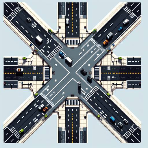 top down view of a big crossroad, pixelart style, from above.
Single Game Texture. In-Game asset. 2d. Blank background. High contrast. No shadows.