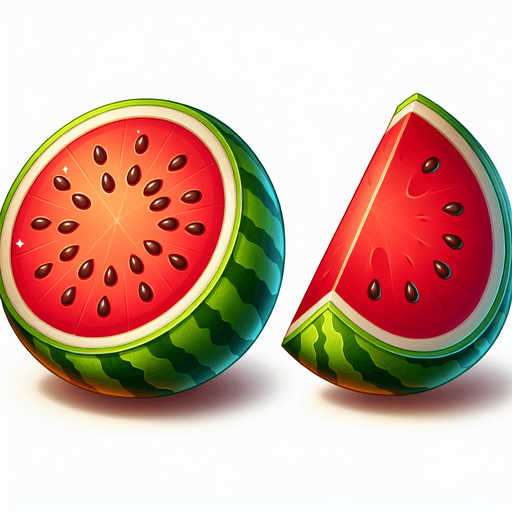 sliced watermelon fruit into two left side one and rightside one.
Single Game Texture.  In-Game asset.  2d.  Blank background.  High contrast.  No shadows