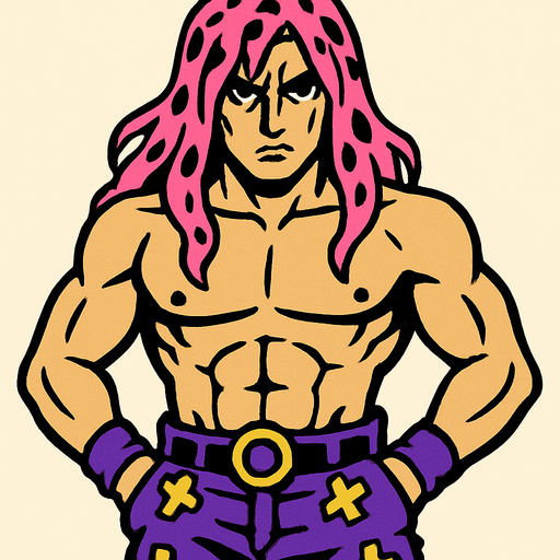 Un hombre con pelo largo color rosado con manchas negras y sin camisa con pantalón morado jojo's.
In-Game asset.  2d.  High contrast.  No shadows
