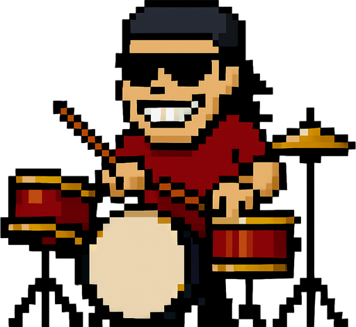 make the next frame when he is hitting the drums while grin smile with one's teeth showing, his hands are down and drumstick are on the drums