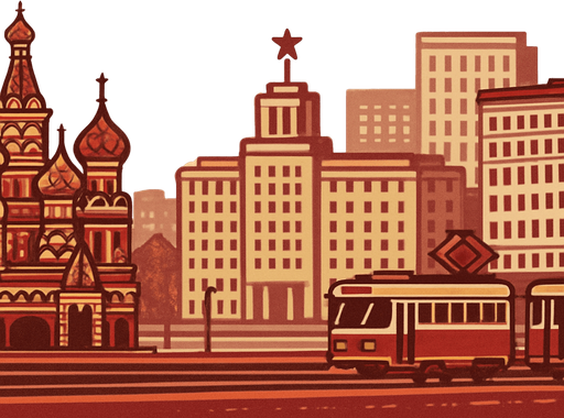 A horizontal banner with a wide aspect ratio and minimal height, designed for use as a website or app header. The style is retro pixel art, inspired by 1980s aesthetics. The scene showcases iconic elements of Moscow, such as Saint Basil's Cathedral, Soviet-era buildings, and vintage trams, all rendered in colorful pixel art. The color palette should include muted reds, browns, and creams to evoke nostalgia. Include the text “Moscow Retro” in bold, pixel-style font, seamlessly integrated into the scene. The design should be panoramic, with clear left-to-right flow and plenty of horizontal detail, while keeping vertical elements minimal to preserve the banner’s low height..
In-Game asset.  2d.  High contrast.  No shadows