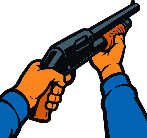 A shotgun with a first person view of somebody holding it.
In-Game asset.  2d.  High contrast.  No shadows