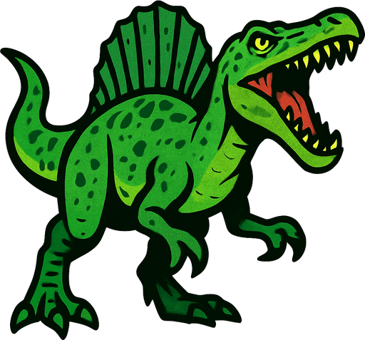 Spinosaurus, yeşil, ağzı açık.
In-Game asset.  2d.  High contrast.  No shadows