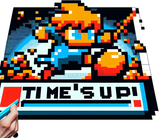 cartoon and 8 bit message. reads:

Time's Up!.
Single Game Texture. In-Game asset. 2d. Blank background. High contrast. No shadows.