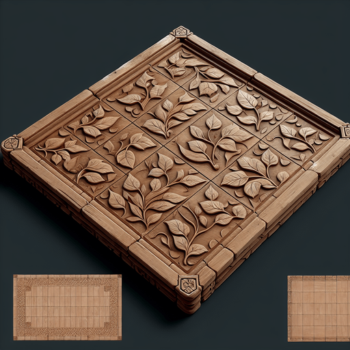 A wooden play board with leaves. Fantasy.
Single Game Texture. In-Game asset. 2d. Blank background. High contrast. No shadows.