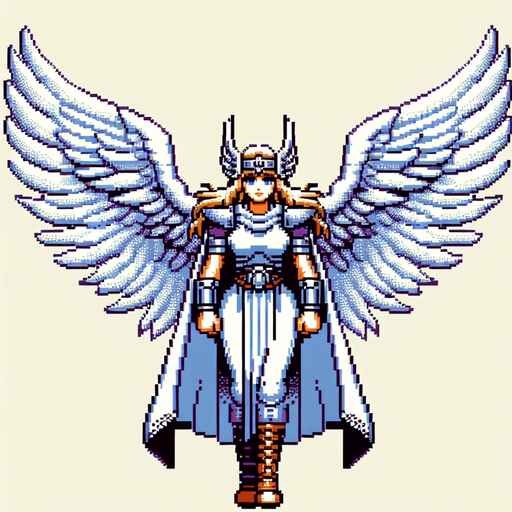 snes female valkyrie white wings spread.
Single Game Texture.  In-Game asset.  2d.  Blank background.  High contrast.  No shadows