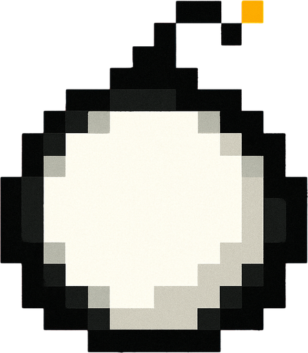 una bomba redonda, color blanco con bordes de color negro, es pixeleada de 16x16 (la imagen tiene fondo rojo).
In-Game asset.  2d.  High contrast.  No shadows