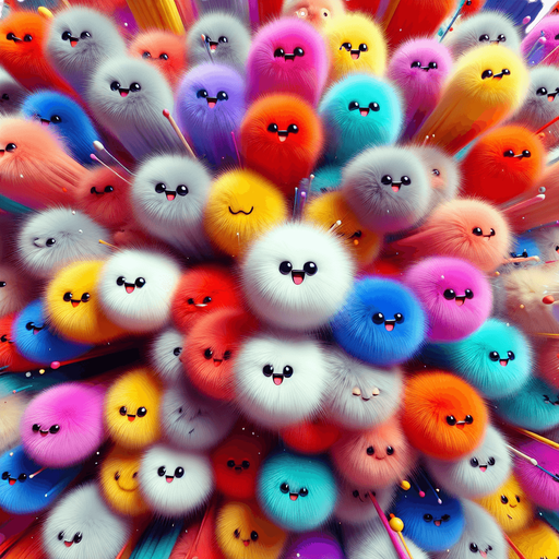 high definition, with lots of soft colorful fluffy fur balls. happy cartoon faces. exploding from middle of screen. No words