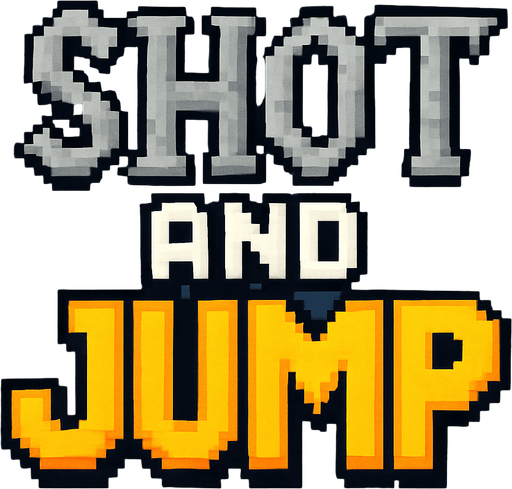 letras hechas con pixeles que dicen shot and jump las letras shot tendran un estilo medieval y tendran un color gris,las letras and color blanco con contorno negro y las letras jump de color amarillo con contorno naranja