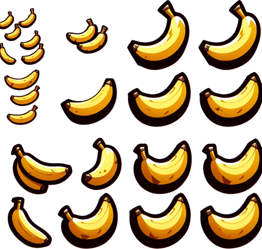 Bananas
Single Game Texture. In-Game asset. 2d. Blank background. High contrast. No shadows.