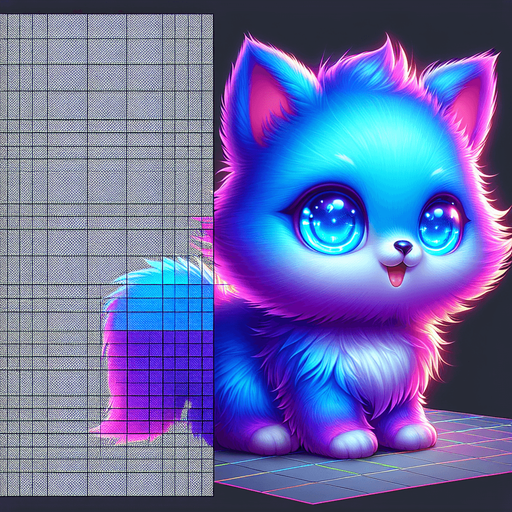 3d cute fluffy colourful kitten big glowing blue eyes.
Single Game Texture. In-Game asset. 2d. Blank background. High contrast. No shadows.