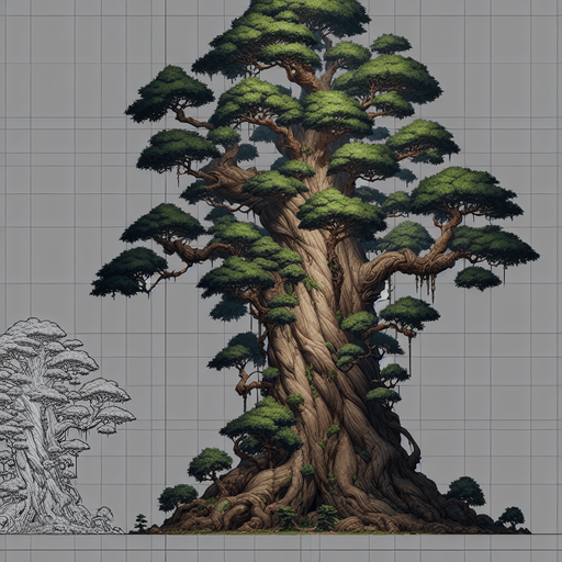 Giant_tree.
Single Game Texture.  In-Game asset.  2d.  Blank background.  High contrast.  No shadows