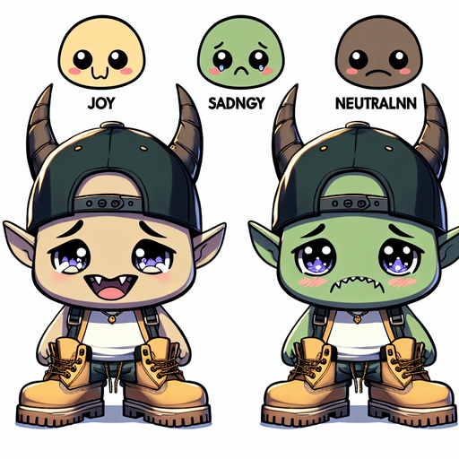 a cute monster in 4 emotions (happy, sad, hungry and neutral) wearing a snapback and Timberland shoes in Anime theme Single Game Texture. In-Game asset. 2d. Blank background. High contrast. No shadows.