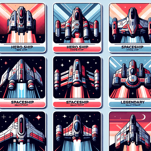 pack de starship, hero, nave espacial, de espalda, legendary galaxy starchip, colores vibrantes, colorida, colores rojo y balco, azul y blanco, negro y rojo, naves.
Single Game Texture. In-Game asset. 2d. Blank background. High contrast. No shadows.