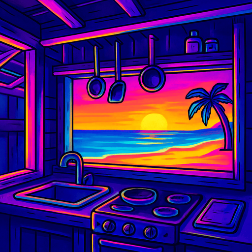 Inside the kitchen of a small wooden shack restaurant, looking out over the counter onto a beach view with long gradual gradients. No people inside or on the beach.