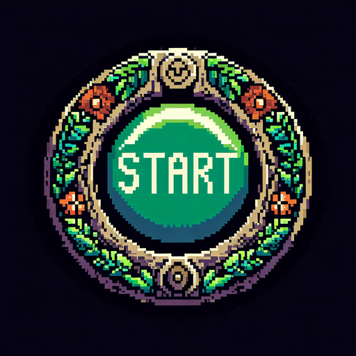 A retro pixel art start button. Forest theme, 16 bit, hobbit themed game.
Single Game Texture. In-Game asset. 2d. Blank background. High contrast. No shadows.