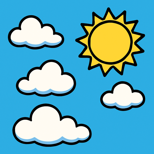 Un fondo todo celeste con nubes y un sol.
In-Game asset.  2d.  High contrast.  No shadows
