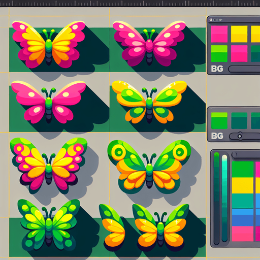 A sprite sheet of different colored butterflies. Include pink, green and yellow..
Single Game Texture. In-Game asset. 2d. Blank background. High contrast. No shadows.