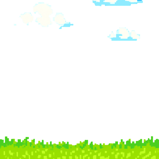 Create a pixel art background image for a 2D mobile game in portrait orientation.

The scene should feature a bright blue sky with some pixelated white clouds, and a grassy green field at the bottom.

Use a colorful, retro pixel art style (16-bit style), keeping the image light and cheerful.

The background should not include any characters or objects, only environment elements.

Leave space in the middle of the screen for gameplay elements (like the grid of boxes).

Make sure the image loops or tiles well if needed..
In-Game asset.  2d.  High contrast.  No shadows