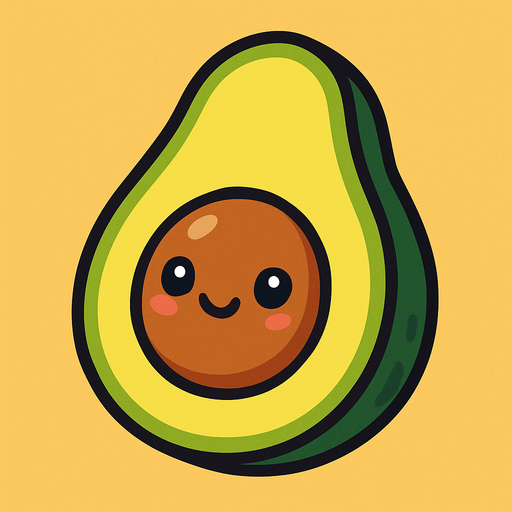 A cut in half avocado with cute face.
In-Game asset.  2d.  High contrast.  No shadows