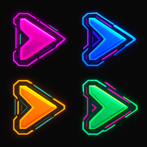 Setting buttons shapes as Triangle pointing to the right. HD colors. cyberpunk. Abstract. Different colors.
In-Game asset.  2d.  High contrast.  No shadows