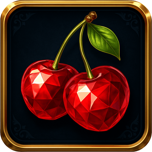 Crea un asset visual completo para el símbolo 'E' de Megaways: Cerezas Lujosas, directamente sobre su panel de fondo.

Diseño General:

Forma: Un panel cuadrado o ligeramente redondeado.

Fondo del Panel: Terciopelo oscuro (negro o azul noche) o un metal pulido muy oscuro.

Borde: Un borde elegante dorado o plateado alrededor del panel.

Detalles del Fondo: Puede tener un patrón sutil de filigrana de casino en las esquinas del panel.

Símbolo Central (las Cerezas):

Dos cerezas rojas, estilizadas para parecer joyas o gemas, con una superficie brillante y reflejos, posicionadas centralmente.

El tallo debe ser fino y elegante.

Colores: Rojos intensos y brillantes.
In-Game asset.  2d.  High contrast.  No shadows