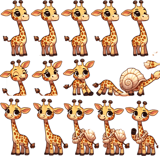 A spritesheet with a number of poses of a cartoonish giraffe with a seashell necklace, smiling, walking, waiting, standing, ordering, turning, etc. all seen from the side.The spritesheet should be laid out in a rectangular grid with clear space between each individual sprite. Each sprite in the sheet should be around 300x600 pixels in size..
Single Game Texture. In-Game asset. 2d. Blank background. High contrast. No shadows.