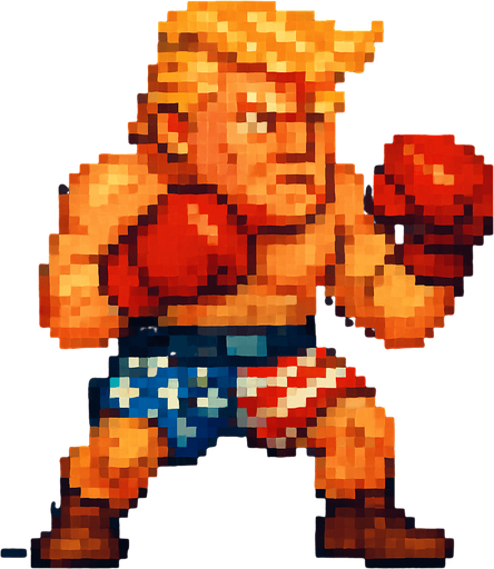 pixel streetfighter style blonde american fighter, looked like donald trump, with american flag short, and boxing gloves