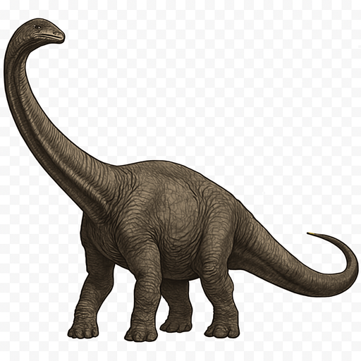 A massive Diplodocus dinosaur shown in a calm standing pose on a transparent background. It has an extremely long neck and tail, with a large bulky body covered in grayish-brown textured scales. The head is small with gentle eyes and a narrow snout. The skin shows wrinkles and rough textures, emphasizing the dinosaur’s massive size and ancient nature. The legs are thick and sturdy, supporting its heavy frame..
In-Game asset.  2d.  High contrast.  No shadows