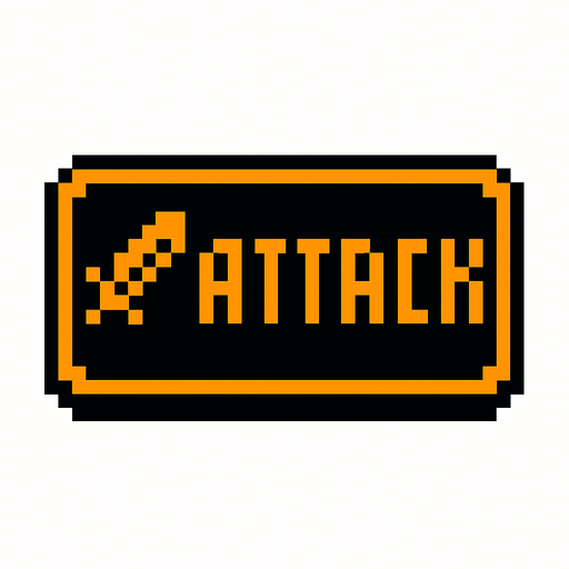 Black button with an orange outline that says "attack" and has a sword icon, pixel art.
In-Game asset.  2d.  High contrast.  No shadows
