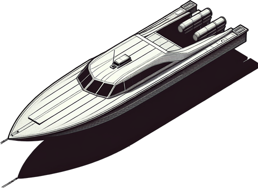 horizontal top down image drugs 
smugler super boat.
Single Game Texture.  In-Game asset.  2d.  Blank background.  High contrast.  No shadows