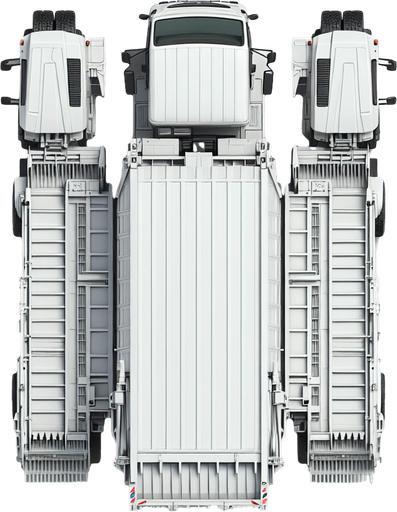 Zenith view of a white rectangular Harvester shape of a garbage truck with a triangular head.
Zenith view. Directly overhead. Plumb view.