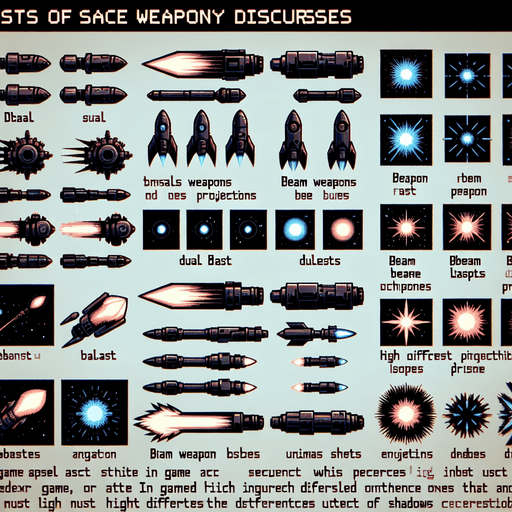A spritesheet of various laser and space gun turret shots, including dual shots, rays and projectiles for a space game..
Single Game Texture. In-Game asset. 2d. Blank background. High contrast. No shadows.