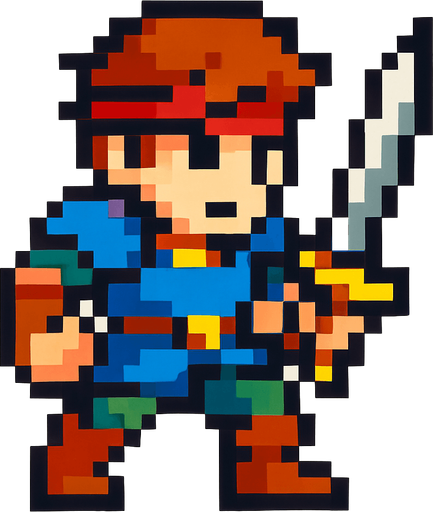 2d hero swordsman pixel sprite.
In-Game asset.  2d.  High contrast.  No shadows