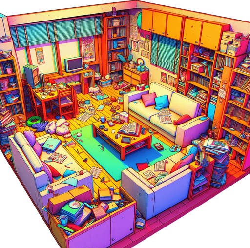 dağınık bir oturma odası, odanın içinden görünüm. 3d renkli anime, çizgi film