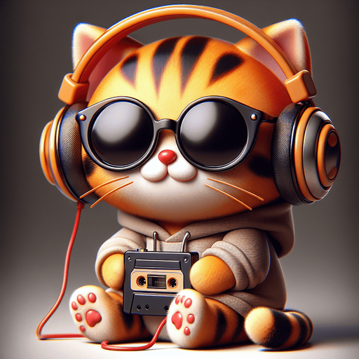 The character in the image transforms into a music-loving cat, retaining its cartoon-style appearance as an orange tabby with distinctive stripes. This cat's round face is now partially obscured by a large set of headphones, resting snugly over its big black eyes, which peek out just below oversized, round, dark opaque sunglasses. The headphones connect to a classic walkman, cradled in its paw, showcasing the cat's love for retro music vibes. Despite its prominent, exaggerated red pout shaped like a duck's bill, the cat seems even more relaxed and content as it loses itself in the melodies. Its body, smaller in proportion to its head, accentuates its adorable, chubby look, further emphasized by its simple, light-colored hoodie with a drawstring. Sitting with paws in front and a walkman in hand, the cat's relaxed posture now takes on a rhythm of its own, embodying the blissful escapism found in music. This updated portrayal, merging playful charm with a passion for tunes, perfectly suits a mascot for music education apps or as a delightful character in children's stories about the joy and universal language of music..
Single Game Texture. In-Game asset. 2d. Blank background. High contrast. No shadows.