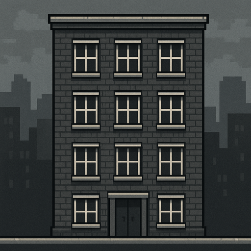 City building 2d game long and grey with windows.
In-Game asset.  2d.  High contrast