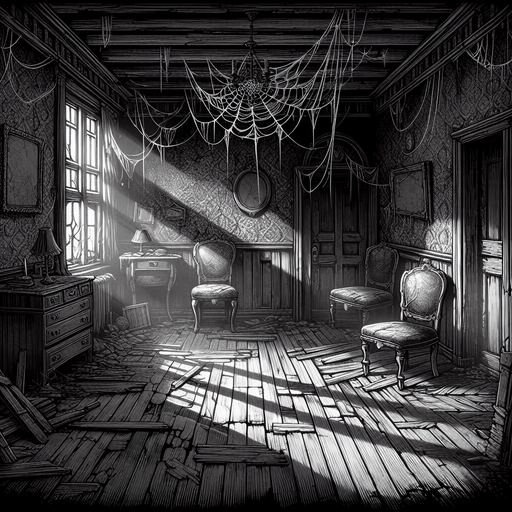 Creepy abandoned house, interior
Single Game Texture. In-Game asset. 2d. Blank background. High contrast. No shadows.