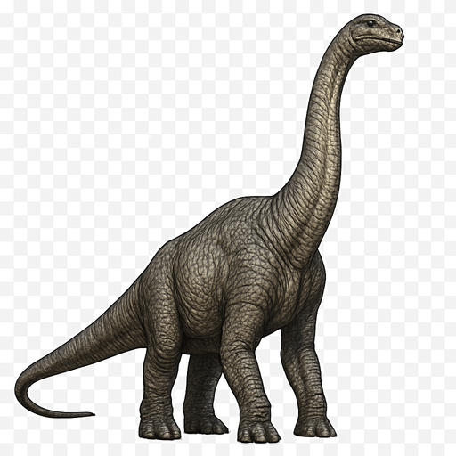A realistic Brachiosaurus dinosaur standing tall on a transparent background. It has a long neck raised high, with a relatively small head featuring gentle eyes and a rounded snout. The body is massive and bulky, covered with textured grayish-brown scales showing subtle wrinkles and muscle definition. Its front legs are noticeably longer than the hind legs, giving it a distinctive sloping back. The tail is thick and extends straight behind. The skin texture is rough with detailed scales, emphasizing the dinosaur’s grandeur and calm nature..
In-Game asset.  2d.  High contrast.  No shadows
