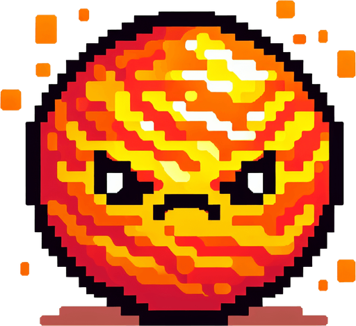 yuzu olan kizqin bir ates topu sinirli yakici ve pixelart.
Single Game Texture.  In-Game asset.  2d.  Blank background.  High contrast.  No shadows