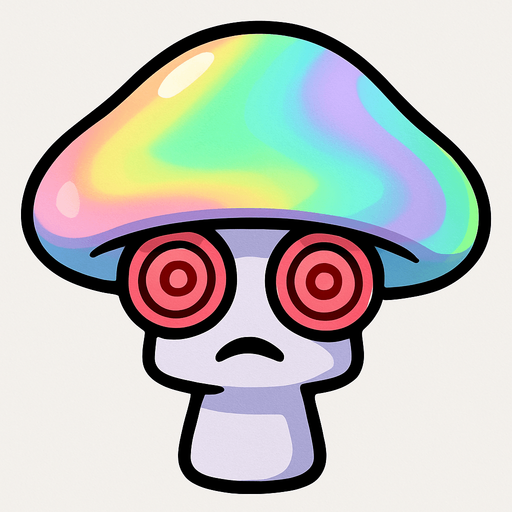 Sombrero Iridiscente/Colorido: Su sombrero es la característica más llamativa, mostrando una gama de colores suaves y pastel que se mezclan como un arcoíris o un efecto iridiscente (rosas, azules, verdes claros, morados). Esto sugiere su naturaleza "hipnótica" o alucinógena.

Tallo Púrpura Claro/Blanco: Su tallo es de un color púrpura muy claro o casi blanco.

Ojos en Espiral/Hipnóticos: Sus "ojos" son dos grandes espirales rojas o rosadas, lo que claramente representa su capacidad de hipnotizar.

Boca Triste/Somnolienta: Tiene una pequeña boca que parece un poco triste o somnolienta, lo que contrasta con la intensidad de sus ojos espirales..
In-Game asset.  2d.  High contrast.  No shadows