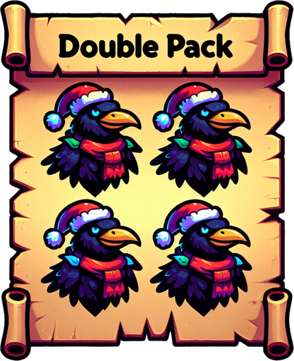 a pergament letter with the name "double pack". It has two evil smiling ravens with christmas hats and colorful scarves. vertical. Single Game Texture. In-Game asset. 2d. Blank background. High contrast. No shadows.