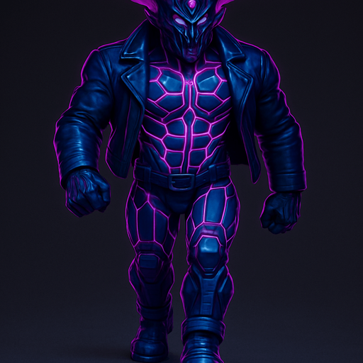 Black leather biker jacket longsleeves bare segmented neon cyberpunk pecs abs muscles robot monster hunk Neon cyberpunk 3d hologram corporate occult demon android mecha robot sentinel guard soldier machine monster fully in frame no part cut off no background anime futuristic Background removed, "Full-body character, entirely in frame, no cropping of face, head, or feet" "Complete character visible, from head to toe, fully centered in the image" "Entire character, including face and boots, fully within the frame" Character fully contained within a square frame, no edges cut off  horns through boots Walking animation forward