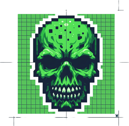 stylized green zombie head.
Single Game Texture. In-Game asset. 2d. Blank background. High contrast. No shadows.